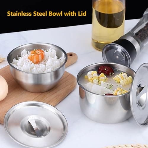 PiaoRong Stainless Steel Bowl with Lid, for Chinese Kitchen Restaurant, Multi-Purpose Soup Bowls Snacks Bowls Steamed Egg Bowl Steamed RiceBowl view 2