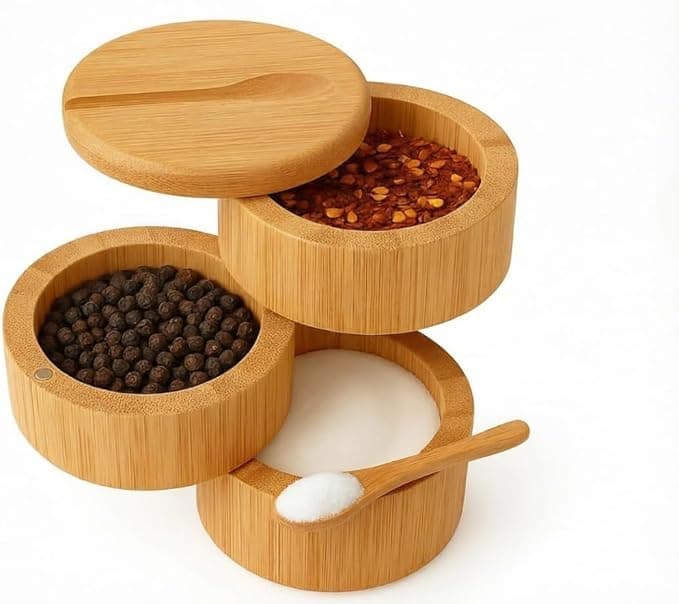 DegoCython 3-Layer Bamboo Salt Container with Magnetic Lid and Spoon, Large Capacity 10.5 Oz (Approx 287.7g) - Ideal for Celtic Sea Salt, Redmond Real & Pepper Storage — image 1