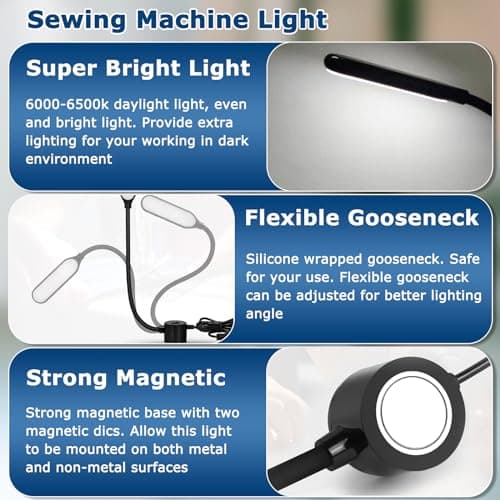 HengBo Sewing Machine Light, 30 Led Flexible Gooseneck Work Light with Magnetic Mounting Base, 6000K Daylight Workbench Lamp for Lathes, Drill Presses, 3D Printer - Black view 3