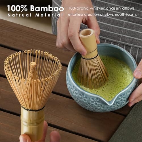 7Pcs Matcha Whisk Set, Matcha Set Whisk and Bowl,Bamboo Scoop, Scoop Rest, Sifter and Tea Towel, Matcha Kit W/Carved Cherry Blossm Pattern for Matcha Lovers (Sakura Blue) view 5