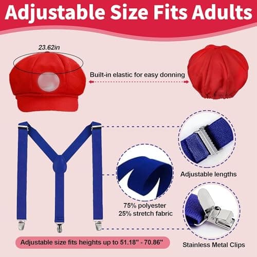 ANCOSJOY Bros Mary & Luigi Hat Costume Mustaches Gloves Buttons for Halloween Costume Cosplay view 4
