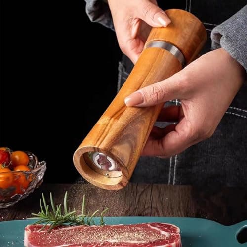 Wooden Salt and Pepper Grinder Set, 8 Inches Refillable Salt and Pepper Mills, Peppercorn Shaker with Adjustable Coarseness, Durable Acacia Wood with Ceramic/Stainless Steel Core, Tableware Gifts view 4