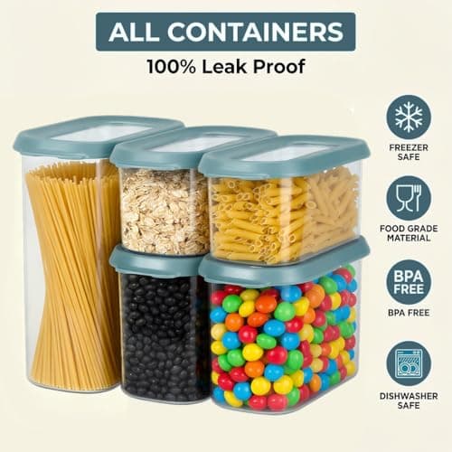 OMIO 5-Piece Airtight Food Storage Containers Set | BPA-Free Plastic Canisters with Easy Snap Lids for Dry Food, Pantry, Kitchen | Organize Cereal, Grains, Snacks, Flour, Sugar view 4