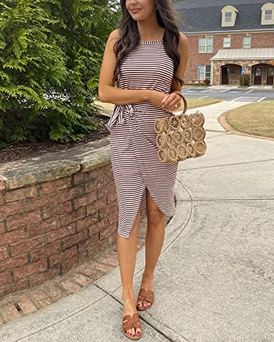 NOLLSOM Women Casual Sleeveless Striped Tank Midi Dresses Halter Neck Ruched Bodycon Dresses Tie Waist T Shirt Summer Dress view 6