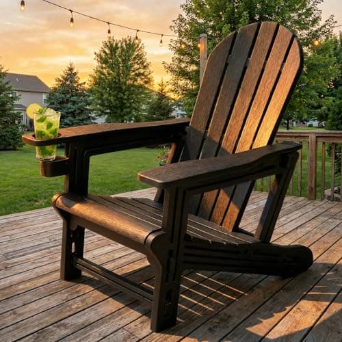 Adirondack Chair with Cup Holder,Tool-Free Assembly,No Screws Needed,All-Weather HDPE Plastic Outdoor Patio Chair,Wood-Grain Slatted Look,Easy to Take Apart for Storage,Fire Pit Chairs(Classic Black) view 2