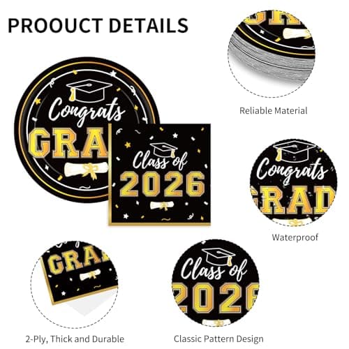 Graduation Party Plates and Napkins 2026 Graduation Party Supplies Black Gold Disposable Paper Plates Luncheon Napkins Cocktail Napkins for Graduation Party Decorations Serve 50 view 5