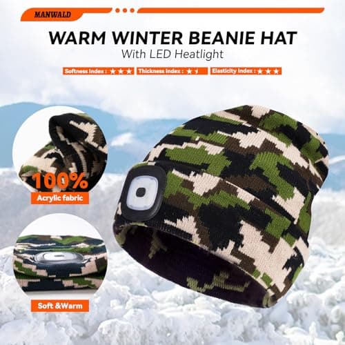 MANWALD LED Beanie Hat with Light, USB Rechargeable LED Headlamp, Birthday Gifts for Women Adults, Gifts for Men, Him, Boyfriend, Husband, Camouflage, 2PCS view 4