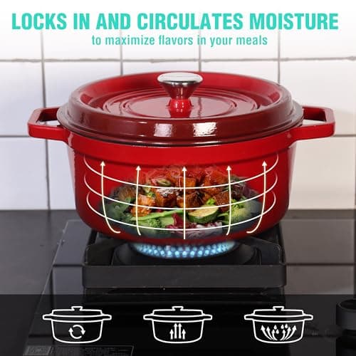 HAUSHOF 5.3QT Enameled Cast Iron Dutch Oven with Lid, Non-Stick Pot for Sourdough Bread Baking, Stewing, Rosting, Island Spice Red view 5