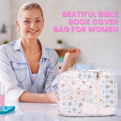 Large Bible Cover for Women, Durable Quilted Tote Bag with Handles, Bible Carry Case for Girls, Bible Study Supplies Accessories（Quilted） view 7