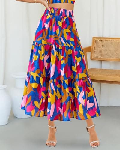 BTFBM Skirts for Women Summer 2026 Floral Print A Line Elastic High Waist Boho Maxi Skirt Spring Fashion Clothing Pocket view 2