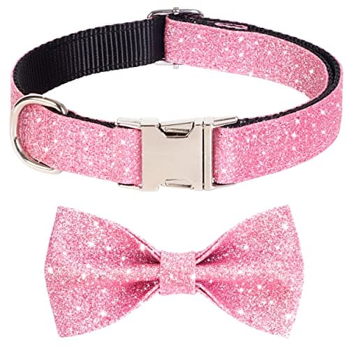 Jumpress Bling Bow Tie Dog Collar and Leash Set, Cute Pink Girl Dog Collar with 5ft Leash for Small Medium Dogs Daily Walking or Holiday Party (Neck fit 11-16’’) view 2