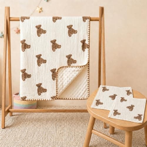 3-Piece Cotton Baby Blanket Set, 2 Baby Washcloths (Teddy Bear) view 3