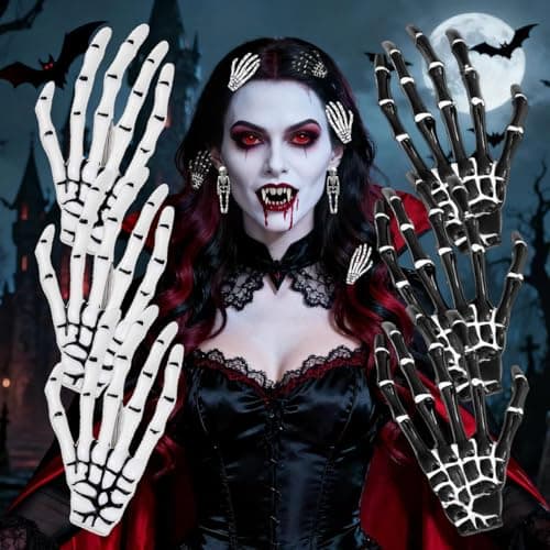 Halloween Hair Clips Skeleton Hands Bone 6Pcs White and Black, Punk Rock Horror Alligator Barrettes Hair Clip for Women Girls Hair Accessories(Hairpin, 6 Pcs) view 1
