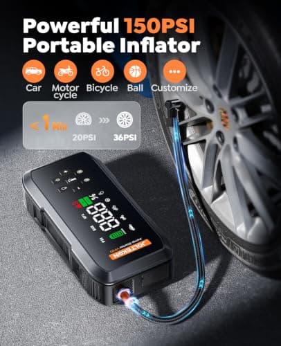 Car Battery Jump Starter with Air Compressor, 5000A Powerful Battery Jumper Starter Portable with 150PSI Auto-Pause Pump, 12V Jump Box for Car Battery with 10-Safety Protection(9L Gas/8L Diesel) view 3
