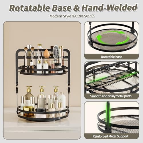 360° Rotating Makeup Organizer, 2-Tier Black Perfume Organizer for Dresser, Bathroom Organizers Countertop, Perfume Shelf with Makeup Brush Holder, Skincare Holder Cosmetic Display(Black) view 4