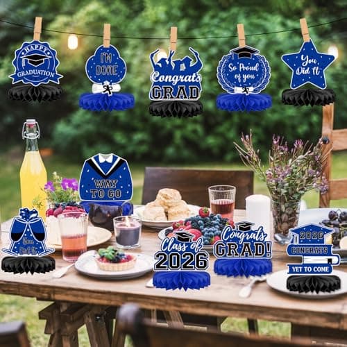 10Pcs Graduation Decorations 2026 Class of 2026 Congrats Grad Table Centerpieces Congratulate Graduation Honeycomb Table Toppers for Graduation Party Supplies 2026 Graduation Party Decorations Blue view 2