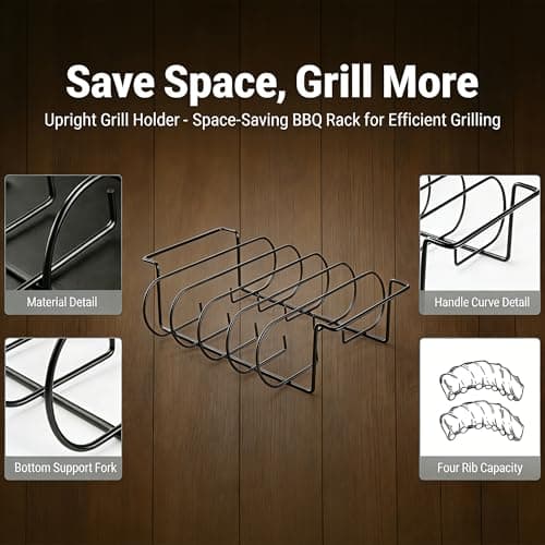 Zntezed Rib Rack for Smoking and Grilling - 12" Extra Long Stainless Steel BBQ Holder - Non-Stick Vertical Roasting Stand Compatible with Most Gas Charcoal Pellet Smokers - Holds 4 Full Racks view 5
