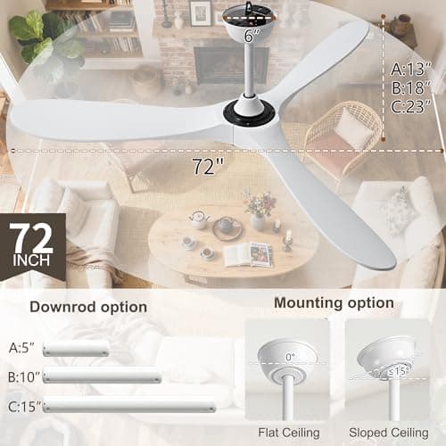 Zronon 72 Inch White Ceiling Fan No Light, Wood Outdoor Ceiling Fans without Lights for Patios Gazebo Porch Living Room, Modern Exterior Extra Large High CFM Ceiling Fan No Light with Downrod view 5