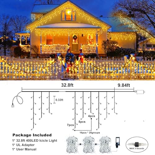 33FT 400 LED Icicle Lights for Outside, Warm White Christmas Lights Outdoor | 8 Modes Waterproof Connectable Twinkle String Lights Indoor with 75 Drops for House Eaves Yard Xmas Holiday Decorations view 2