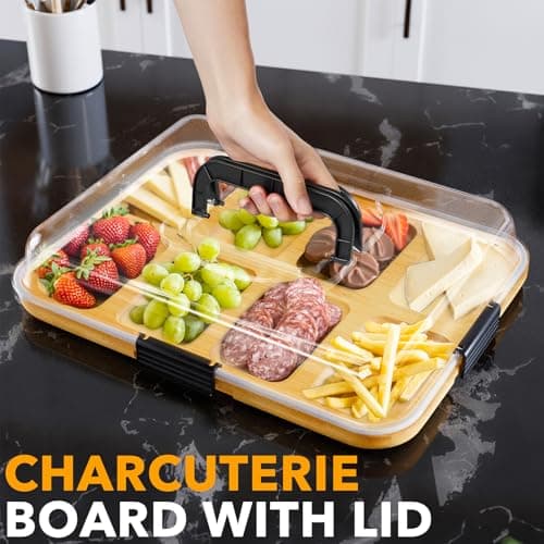 SpaceAid Charcuterie Board with Clear Lid, Portable Travel Cheese Cutting Boards for Picnic Accessories, Bamboo Serving Tray with Lids, House Warming Gifts, Black Handles, 8 Compartments view 3