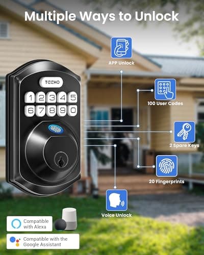 TEEHO TE012W-H WiFi Keypad Door Lock with Handle Set, Fingerprint Smart Locks, Front Door Keyless Entry, APP Remote & Voice Control, Digital Deadbolt with 2 Keys, Auto-Lock, Easy Install, Matte Black view 2