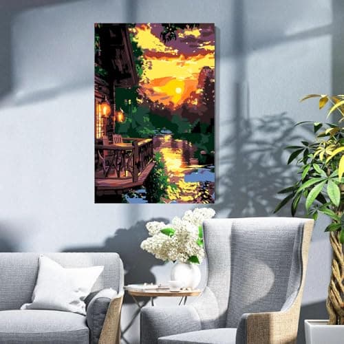 igoodom Framed Paint by Numbers Kit for Adults Beginner, Sunset House Easy Paint by Number Kits on Canvas with Easel, DIY Adults' Paint-by-Number Kits for Gift Home Wall Decor 8x12inch view 3