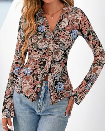BTFBM Button Down Shirts for Women 2026 Spring Boho Tops V Neck Long Sleeve Blouses Ruched Mesh Fitted Fashion Clothing view 2