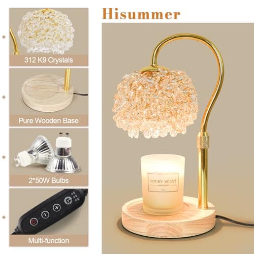 Hisummer Candle Warmer Lamp with Timer, Dimmable Candle Lamp Warmer with 312 K9 Crystals Adjustable Height Electric Candle Warmer for Women Gifts, Wax Warmer Lamp with 2 Bulbs for Jar Candles view 3