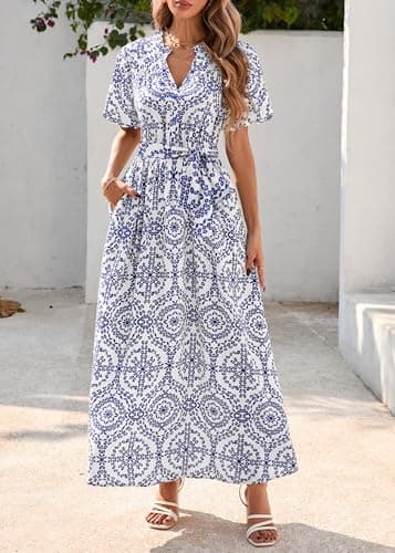 KIRUNDO Women Spring Summer Wedding Guest Boho Floral Maxi Dress Puff Sleeve Button Shirt V Neck Flowy Beach Vacation Dress view 4
