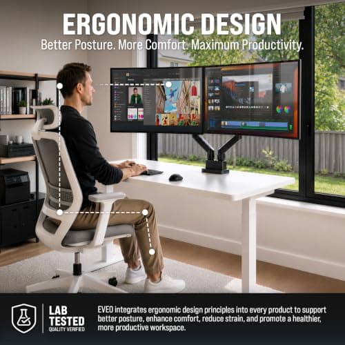 EVEO Premium Dual Monitor Mount 14"-32” Dual Monitor Arm VESA Bracket Adjustable Height Gas Spring Dual Monitor Stand, Screen Full Motion Dual Monitor Arm-Computer Monitor Stand for 2 Screens - Black view 4