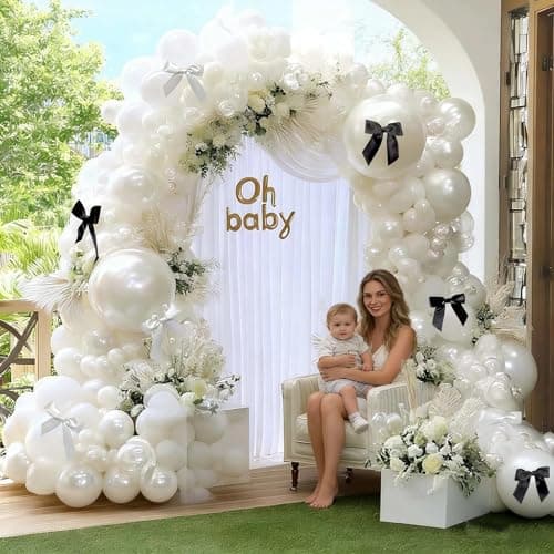 Pearl White Balloon Arch Kit,Double Stuffed White Pearl Balloon Garland Different Sizes 5/12/18 Inch with Black and White Bow for Baby Shower Baptism Wedding Birthday Engagement Party Decoration view 2