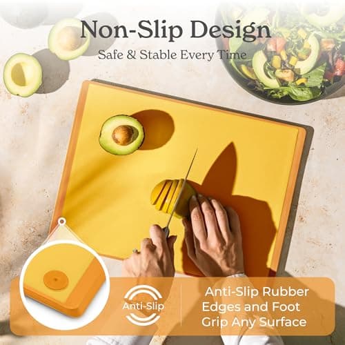 SMIRLY Plastic Cutting Board Set with Holder 3 Pieces, Non-Slip Dishwasher Safe Chopping Boards for Kitchen, Yellow view 5