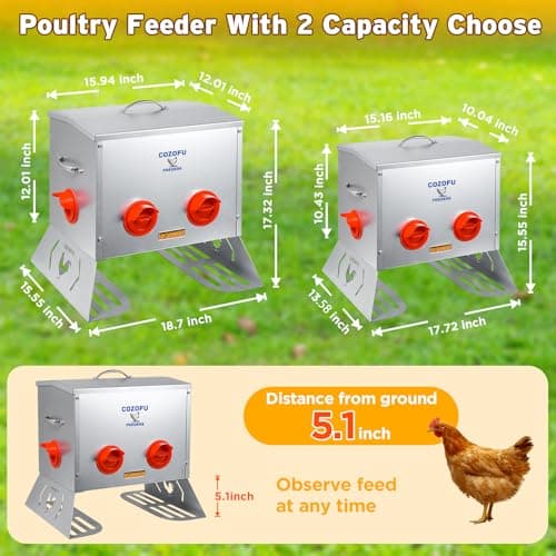 COZOFU 25 Pounds Automatic Chicken Feeder 6 Ports Large Gravity Fed Chicken Feeder with Transparent Window & Handle for Chickens Bantams Pheasants Poultry Coop Weatherproof​ view 2