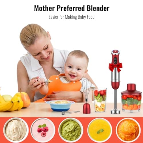 KOIOS 5-in-1 Hand Immersion Blender, 1000W 12 Speed Handheld Blender Stick with Copper Motor Stainless Steel Blade, 600ml Mixing Beaker,500ml Food Processor, Whisk, Milk Frother, Non-BPA, Red view 2
