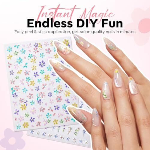 modelones Flower Nail Stickers, 3D Embossed Colorful Floral Daisy Heart Bunny Nails Supplies Flower Nail Art Design for Spring Easter Manicure DIY Nail for Women & Kids 5Pcs view 3