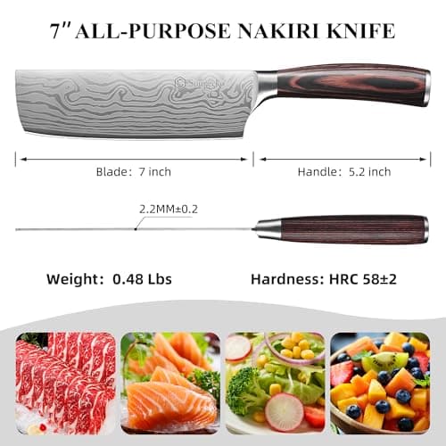 Sunnecko Japanese Nakiri Knife 7 Inch - Carbon Steel Chef Knife Vegetable Cleaver with Sheath, Kitchen Gift for Home Cooks, Professional Kitchen Knife Gift Box view 3