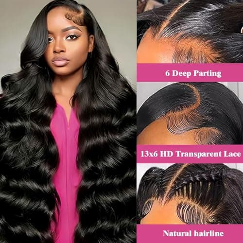 hiaemro 13x6 Lace Front Wigs Human Hair 30 Inch Body Wave Human Hair Wig | 200 Density HD Lace Frontal Glueless Wigs for Women No Shedding, No Tangling With Baby Hair Natural Black view 2