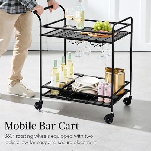 Best Choice Products Rolling Bar Cart, Mobile Home Bar Serving Cart, Serving Station w/ 2 Tier Shelves, Wine Rack, Lockable Wheels - Black view 6