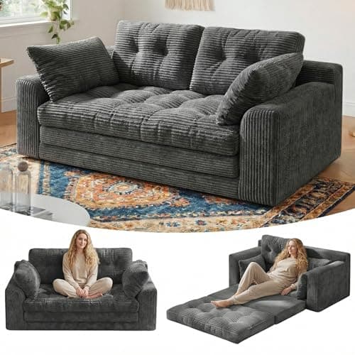 Homkdom Convertible Folding Sofa Bed, 2 in 1 Pull Out Loveseat Sleeper Sofa, Corduroy Futon Couch with Pillows, Tri-Fold Couch for Small Space Living Room Lounge, Space-Saving, Portable, Grey — image 1