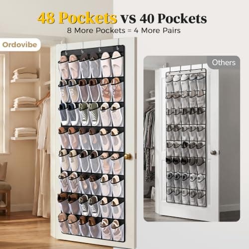 48 Pockets Over the Door Shoe Organizer, 1 Pack, 6-Column Heavy Duty Shoe Storage for Sneakers and Heels, Color Block Mesh Hanging Rack for Entryway or Bedroom, Black with White Accents view 4