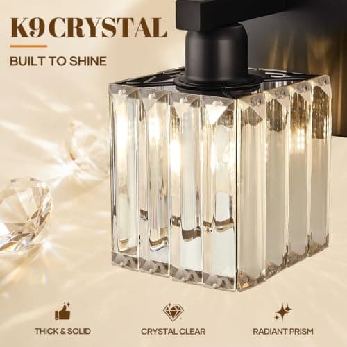 Hompixlit Bathroom Light Fixtures Matte Black 3-Light Crystal Vanity Lights | Modern Bathroom Vanity Light, Crystal Square Shades for Over Sink or Mirror, Bulbs Not Included view 5