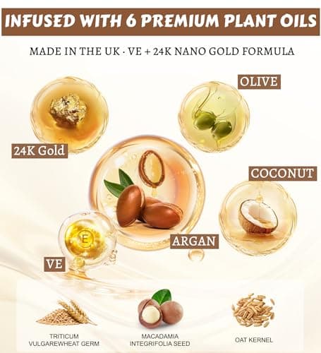 Oumigiz 24K Gold Hair Oil Made in the UK – Repair & Shine Serum with Coconut, Argan & Olive Oils – Vegan Heat Protectant, Frizz Control for Dry, Damaged Hair (2.02 Fl Oz (Pack of 1)) view 2