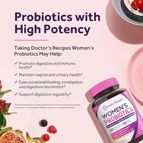 Doctor's Recipes Women's Probiotic, 60 Caps 50 Billion CFU 16 Strains, with Organic Cranberry, Digestive Immune Vaginal & Urinary Health, Shelf Stable, Delayed Release, No Soy Gluten Dairy view 3