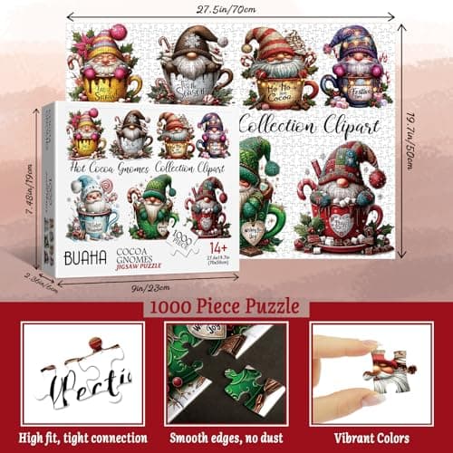 Christmas Hot Cocoa Gnome Puzzles for Adults 1000 Pieces Colorful Xmas Holiday Winter Santa Claus Art Jigsaw Puzzle Impossible Hard Difficult Challenging Puzzles as Family Game view 2