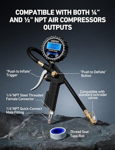 AstroAI Digital Tire Pressure Gauge with Inflator, 3-250 PSI | Heavy Duty Air Chuck & Compressor Accessories with Quick Connect Coupler, Backlit LCD, 0.1 Display Resolution view 2
