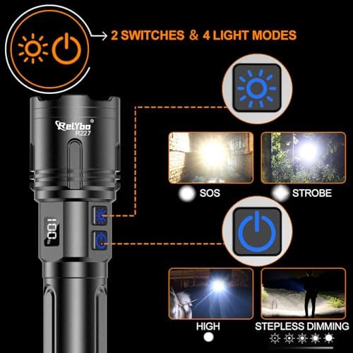Relybo Rechargeable Flashlights High Lumens, LED Flashlight 100000 Lumens, Super Bright High Powered Flashlights, Long Rang 5000 FT, 2 Switch, Powerful Flashlights for Home Emergency Camping view 4
