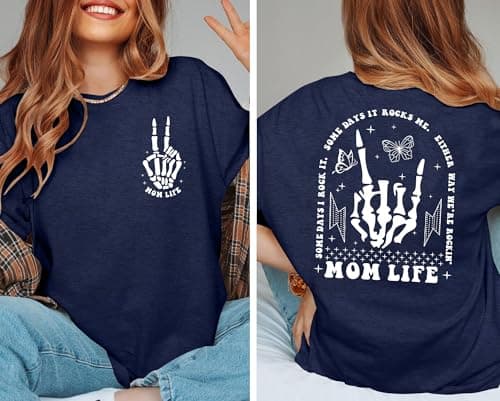 Ithalt Womens Mama Shirt Mom Life Shirts Skeleton Mother Printed T-Shirt Rock and Roll Short Sleeve Tops view 5