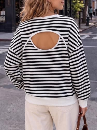 Fisoew Womens Oversized Striped Sweatshirts Casual Open Back Pullover Tops view 2