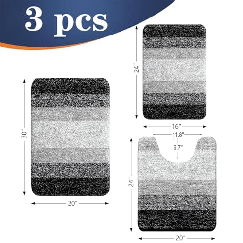 OLANLY Bathroom Rugs Sets 3 Piece, Soft Absorbent Microfiber Bath Mats and U-Shaped Contour Toilet Rug, Plush Shaggy Bath Mat Set for Bathroom (30"x20"+24"x16"+24"x20", Black) view 2