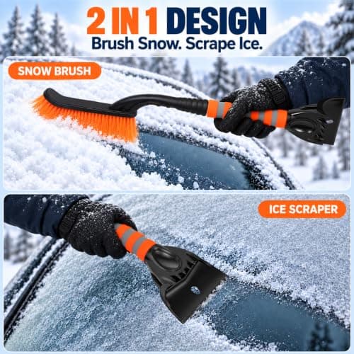 26 Inch Detachable Snow Brush with Ice Scraper for Car Windshield, Orange view 2